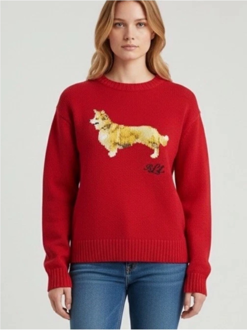Ralph Lauren Intarsia-Knit Corgi Dog Cotton Red Crewneck Sweater Size XS NWT